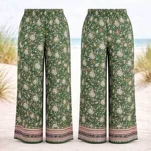 Talbots Green Floral Garden Pants Wide Leg Pull-On w/ Pockets Resort Coastal Med